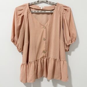 LC Lauren Conrad Peplum Blouse Womens‎ Size 3X Puff-Sleeve Gingham Cottagecore